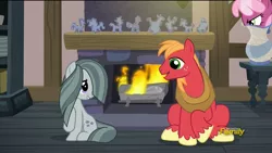 Size: 1920x1080 | Tagged: safe, derpibooru import, edit, editor:redweasel, screencap, big macintosh, cheerilee, marble pie, earth pony, pony, hearthbreakers, ponyville confidential, angry, female, fire, fireplace, jealous, looking at each other, male, mare, ninja, rock doll, sitting, stallion