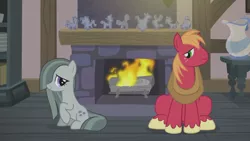 Size: 1366x768 | Tagged: safe, derpibooru import, screencap, big macintosh, marble pie, earth pony, pony, hearthbreakers, duo, female, fire, fireplace, looking at each other, male, mare, raised hoof, rock doll, sitting, stallion