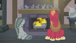 Size: 1366x768 | Tagged: safe, derpibooru import, screencap, big macintosh, marble pie, earth pony, pony, hearthbreakers, eyes closed, female, fire, fireplace, male, mare, rock doll, sitting, stallion