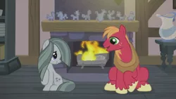 Size: 1366x768 | Tagged: safe, derpibooru import, screencap, big macintosh, marble pie, earth pony, pony, hearthbreakers, duo, female, fire, fireplace, looking at each other, male, mare, rock doll, sitting, stallion