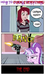 Size: 680x1109 | Tagged: artist needed, semi-grimdark, derpibooru import, starlight glimmer, pony, bad end, comic, evil, evil starlight, female, forth wall break, gun, hilarious in hindsight, implied death, lauren faust, levitation, magic, mare, murder, murderer, starlight glimmer is worst pony, telekinesis, terminator, this is too far, this will end in timeline distortion, time paradox, time travel, vulgar, weapon