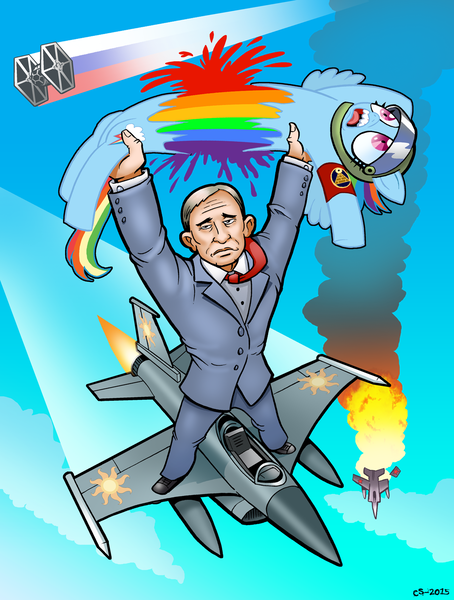 Size: 1000x1322 | Tagged: anti-brony, anti-pony, artist:curtsibling, derpibooru import, grimdark, hate art, human, illuminati, jet fighter, op is on drugs, plane, rainbow dash, russia, star wars, tie fighter, vladimir putin