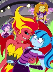 Size: 1696x2336 | Tagged: safe, artist:daniel-gleebits, derpibooru import, adagio dazzle, aria blaze, sonata dusk, sunset shimmer, equestria girls, blushing, female, fin wings, lesbian, midriff, not sure if want, ponied up, shipping, sleeveless, sunata, sunset satan, the dazzlings