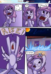 Size: 1280x1853 | Tagged: artist:shieltar, cewestia, comic, comic:birth of equestria, derpibooru import, dialogue, earth, filly, magic, night, pink-mane celestia, princess celestia, safe, solo, space, speech bubble, sun