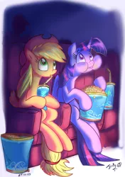 Size: 594x845 | Tagged: safe, artist:jowybean, derpibooru import, applejack, starlight glimmer, twilight sparkle, twilight sparkle (alicorn), alicorn, earth pony, pony, twijack weekly, cinema, drink, drinking, eating, female, food, mare, munching, popcorn, puffy cheeks, silhouette, sitting, starlight stalker, straw, when you see it