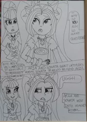 Size: 1536x2140 | Tagged: safe, artist:blazingdazzlingdusk, derpibooru import, adagio dazzle, aria blaze, sonata dusk, equestria girls, rainbow rocks, comic, drawing, rise and shine dagi, the dazzlings, traditional art