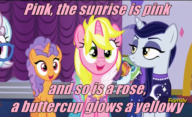 Size: 1180x720 | Tagged: safe, derpibooru import, screencap, moonlight raven, north point, pretzel twist, sunshine smiles, pony, unicorn, canterlot boutique, caption, female, g3, image macro, lyrics, mare, meme, phei, pink text, song reference, text