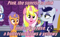 Size: 1180x720 | Tagged: safe, derpibooru import, screencap, moonlight raven, north point, pretzel twist, sunshine smiles, pony, unicorn, canterlot boutique, caption, female, g3, image macro, lyrics, mare, meme, phei, pink text, song reference, text