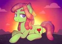 Size: 2500x1773 | Tagged: safe, artist:moozua, derpibooru import, tree hugger, earth pony, pony, female, hippie, looking at you, mare, prone, signature, smiling, smiling at you, solo, sunset
