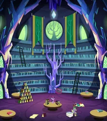 Size: 1280x1446 | Tagged: safe, composite screencap, derpibooru import, edit, screencap, spike, twilight sparkle, twilight sparkle (alicorn), alicorn, pony, made in manehattan, banner, book, case, comic book, crystal, female, ladder, library, magic, mare, reading, scenery, shelf, stack, stained glass, table, telekinesis, tree, twilight's castle, twilight's castle library