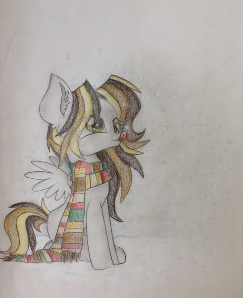 Size: 1936x2364 | Tagged: artist:kaatseye, clothes, derpibooru import, oc, offspring, parent:derpy hooves, parent:doctor whooves, parents:doctorderpy, safe, scarf, snow, snowfall, solo, traditional art, unnamed oc, unofficial characters only