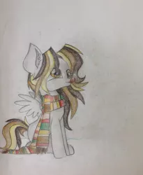 Size: 1936x2364 | Tagged: artist:kaatseye, clothes, derpibooru import, oc, offspring, parent:derpy hooves, parent:doctor whooves, parents:doctorderpy, safe, scarf, snow, snowfall, solo, traditional art, unnamed oc, unofficial characters only