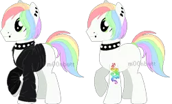 Size: 645x393 | Tagged: safe, artist:b-0nehead, derpibooru import, oc, oc:riff raff, unofficial characters only, earth pony, pony, choker, clothes, ear piercing, leather jacket, lip piercing, nose piercing, piercing, raised hoof, simple background, smiling, solo, spiked choker, tail wrap, tattoo, transparent background, watermark