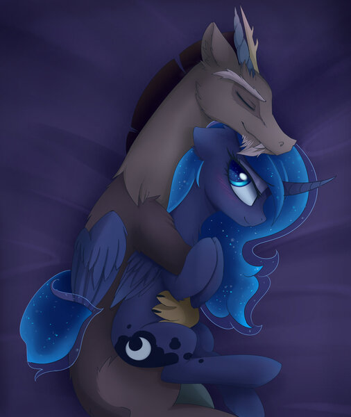 Size: 1600x1896 | Tagged: safe, artist:magnaluna, derpibooru import, discord, princess luna, blushing, cuddling, eyes closed, female, lunacord, male, shipping, side, smiling, snuggling, spooning, straight