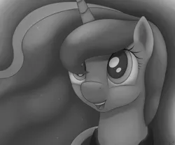 Size: 2160x1800 | Tagged: artist:conscious-aberration, cute, derpibooru import, grayscale, monochrome, open mouth, portrait, princess luna, safe, smiling, solo