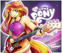 Size: 1024x878 | Tagged: safe, artist:fullb0dy, derpibooru import, sunset shimmer, equestria girls, rainbow rocks, armpits, electric guitar, guitar, my little pony logo, ponied up, pony ears, sleeveless, solo, sunset shredder, watermark