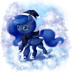 Size: 2000x2000 | Tagged: artist:solar-claw, clothes, derpibooru import, hat, princess luna, safe, scarf, snow, snowfall, solo