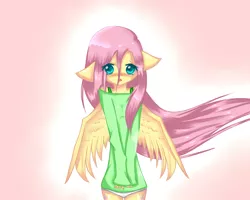 Size: 1280x1024 | Tagged: anthro, artist:skyabsol, blushing, both cutie marks, breasts, clothes, covering, cute, delicious flat chest, derpibooru import, embarrassed, flattershy, floppy ears, fluttershy, gradient background, panties, shyabetes, skinny, solo, suggestive, sweater, sweatershy, underwear, white underwear