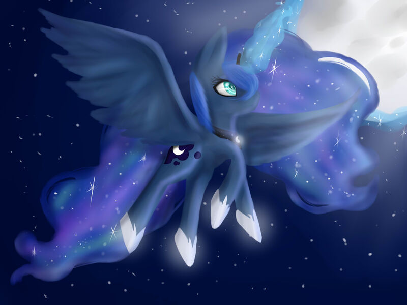 Size: 1024x768 | Tagged: safe, artist:skyabsol, derpibooru import, princess luna, flying, magicmoon, night, solo