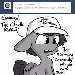 Size: 726x726 | Tagged: safe, artist:tjpones, derpibooru import, oc, oc:sporty mcsportshorse, unofficial characters only, pony, ask, baseball cap, grayscale, hat, monochrome, rivalry, solo, sports, that pony sure does love sports, tumblr, wow