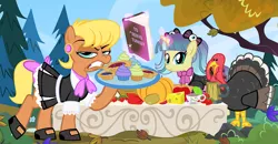 Size: 950x494 | Tagged: safe, artist:pixelkitties, derpibooru import, ms. harshwhinny, pixel pizazz, ponified, turkey, equestria girls, clothes, cupcake, equestria girls ponified, food, maid, meat, pie, pumpkin, thanksgiving, to serve man, votehorse