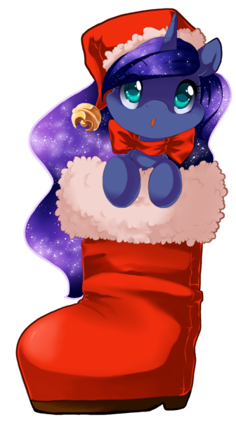 Size: 576x1028 | Tagged: artist:loyaldis, boot, characters inside shoes, christmas, cute, derpibooru import, filly, lunabetes, :o, princess luna, safe, santa hat, santa woona, simple background, solo, transparent background, woona