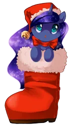 Size: 576x1028 | Tagged: artist:loyaldis, boot, characters inside shoes, christmas, cute, derpibooru import, filly, lunabetes, :o, princess luna, safe, santa hat, santa woona, simple background, solo, transparent background, woona