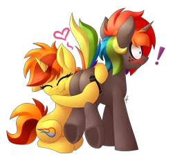 Size: 2173x2053 | Tagged: safe, artist:shinodage, derpibooru import, oc, oc:bright ember, oc:krylone, unofficial characters only, pony, unicorn, blushing, butthug, cute, exclamation point, eyes closed, female, heart, hug, love, male, mare, plot, simple background, snuggling, stallion, straight, surprised, tell me your secrets, transparent background, underhoof