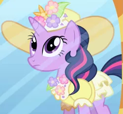 Size: 777x720 | Tagged: safe, derpibooru import, screencap, twilight sparkle, unicorn, friendship is magic, alternate hairstyle, clothes, dress, hat, outfit catalog, solo, too yellow, unicorn twilight