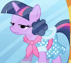 Size: 776x692 | Tagged: safe, derpibooru import, screencap, twilight sparkle, pony, unicorn, friendship is magic, alternate hairstyle, clothes, dress, female, frown, lidded eyes, mare, not poofy enough, outfit catalog, shoes, solo, unamused, unicorn twilight