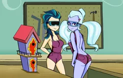 Size: 1412x896 | Tagged: suggestive, artist:piccolocwel, derpibooru import, indigo zap, sugarcoat, acadeca, equestria girls, friendship games, ass, bedroom eyes, bird house, braless, breasts, busty indigo zap, busty sugarcoat, butt, canterlot high, cleavage, clothes, crystal prep shadowbolts, duo, duo female, female, females only, goggles, hammer, looking at you, looking back, looking back at you, naked overalls, overalls, pigtails, rear view, safety goggles, saw, science class, sexy, shop, sideboob, smiling, sugarcheeks, tool board, twintails