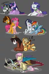 Size: 4441x6660 | Tagged: safe, artist:turrkoise, derpibooru import, applejack, cheese sandwich, discord, fluttershy, king sombra, pinkie pie, rainbow dash, rarity, soarin', spike, trouble shoes, twilight sparkle, twilight sparkle (alicorn), alicorn, pony, absurd resolution, cheesepie, discoshy, female, male, mane seven, mane six, mare, shipping, soarindash, sparity, story included, straight, troublejack, twibra