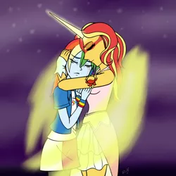 Size: 1280x1280 | Tagged: safe, artist:awesomeasiwannabe, derpibooru import, rainbow dash, sunset shimmer, equestria girls, friendship games, comforting, crying, daydream shimmer, embrace, female, hug, lesbian, shipping, sunsetdash