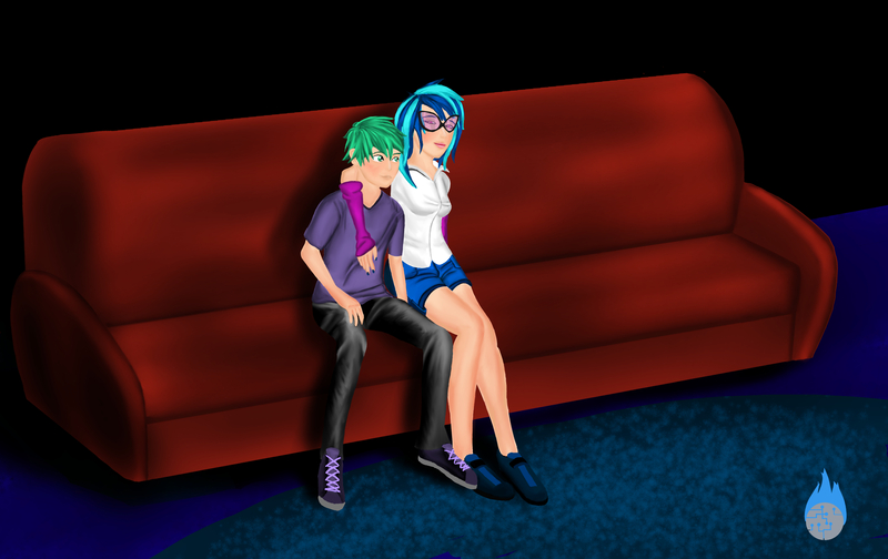 Size: 3768x2374 | Tagged: artist:techgear, couch, dark, derpibooru import, fan fic bait, human, humanized, movie, romance, safe, shipping, spike, spikelove, vinyl, vinyl scratch, vinylspike