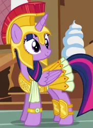 Size: 600x825 | Tagged: safe, derpibooru import, screencap, twilight sparkle, twilight sparkle (alicorn), alicorn, pony, scare master, armor, athena sparkle, clothes, costume, cropped, female, helmet, hoplite, mare, outfit catalog, solo