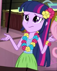 Size: 533x664 | Tagged: safe, derpibooru import, screencap, twilight sparkle, twilight sparkle (alicorn), equestria girls, rainbow rocks, shake your tail, clothes, grass skirt, hula, hulalight, lei, outfit catalog, skirt, solo