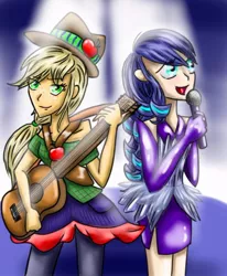 Size: 640x776 | Tagged: acoustic guitar, applejack, artist:shadow strike, clothes, coloratura, derpibooru import, dress, friends, human, humanized, microphone, rara, safe, side slit, spotlight, stage, the mane attraction