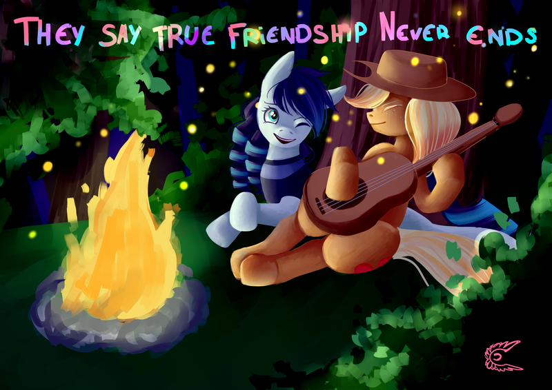 Size: 4960x3507 | Tagged: applejack, artist:whitefeatherink, campfire, coloratura, derpibooru import, eyes closed, guitar, rara, safe, smiling, the mane attraction, wink