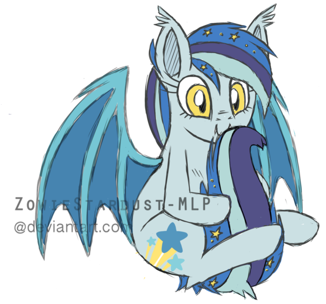 Size: 1024x955 | Tagged: safe, artist:zowiestardust-mlp, derpibooru import, oc, oc:star struck, unofficial characters only, bat pony, pony, nom, solo, watermark