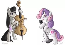 Size: 1150x800 | Tagged: artist:shimazun, derpibooru import, duet, glowing cutie mark, lipstick, microphone, octavia melody, older, safe, simple background, singing, sweetie belle