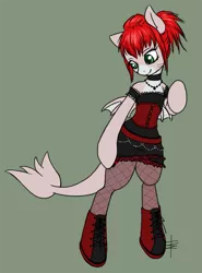 Size: 665x900 | Tagged: safe, artist:tt-n, derpibooru import, oc, oc:scylla, unofficial characters only, kelpie, merpony, original species, pony, semi-anthro, shark pony, bipedal, boots, clothes, corset, cute, dress, fins, gothic, gothic lolita, hair bun, necklace, outfit, socks, solo, tail