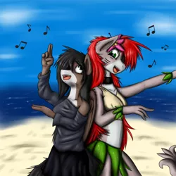Size: 540x540 | Tagged: anthro, anthro oc, artist:tyrix, beach, clothes, cute, dancing, derpibooru import, female, flower, flower in hair, grass skirt, hawaiian flower in hair, hula, hula dance, kelpie, leaf skirt, midriff, oc, oc:scylla, oc:willow, original species, outfit, pegasus, safe, shark pony, skirt, unofficial characters only