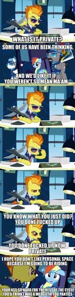 Size: 244x960 | Tagged: safe, derpibooru import, edit, edited screencap, screencap, fast clip, manerick, rainbow dash, spitfire, pegasus, pony, wonderbolts academy, clothes, desk, facial hair, female, male, mare, moustache, office, stallion, sunglasses, uniform, vulgar, wonderbolt trainee uniform, wonderbolts dress uniform