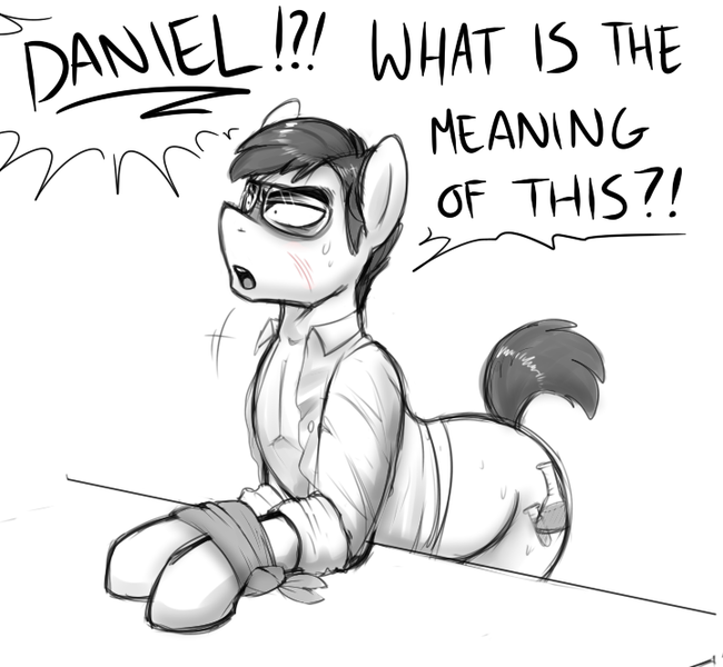 Size: 720x665 | Tagged: artist:deyogee, blushing, bondage, clothes, derpibooru import, glasses, grayscale, herbert west, h.p.lovecraft, male, monochrome, neo noir, offscreen character, partial color, ponified, re-animator, sketch, solo, solo male, suggestive