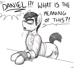 Size: 720x665 | Tagged: artist:deyogee, blushing, bondage, clothes, derpibooru import, glasses, grayscale, herbert west, h.p.lovecraft, male, monochrome, neo noir, offscreen character, partial color, ponified, re-animator, sketch, solo, solo male, suggestive