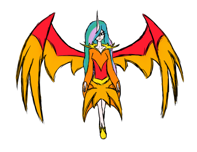 Size: 1300x1004 | Tagged: safe, artist:rexlupin, derpibooru import, princess celestia, phoenix, equestria girls, friendship games, daydream shimmer, daydream-ified, horned humanization, humanized, principal celestia, solo, unamused, winged humanization