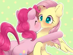 Size: 1024x768 | Tagged: artist:ayahana, blushing, derpibooru import, female, flutterpie, fluttershy, kissing, lesbian, pinkie pie, plot, safe, shipping