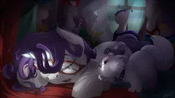 Size: 1920x1079 | Tagged: safe, artist:noben, derpibooru import, opalescence, rarity, pony, unicorn, suited for success, art of the dress, clothes, dark, dress, gala dress, glasses, horn, magic, mannequin, ponyquin, scene interpretation, sleeping, working