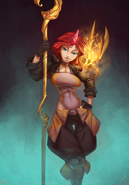 Size: 840x1200 | Tagged: safe, artist:atryl, derpibooru import, sunset shimmer, human, wasp, breasts, busty sunset shimmer, choker, cleavage, daemon, familiar, female, horned humanization, humanized, patreon, quest for harmony, smiling, solo, staff