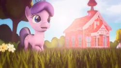 Size: 3840x2158 | Tagged: 3d, artist:selestlight, derpibooru import, diamond tiara, flower, grass, lens flare, ponyville schoolhouse, safe, solo, source filmmaker, tree